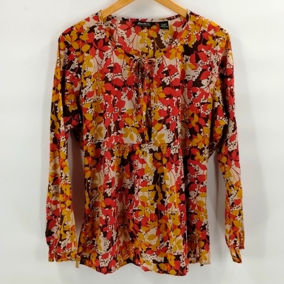 Eddie Bauer autumn colors open front peasant blouse w/tie red brown yellow - Picture 1 of 7